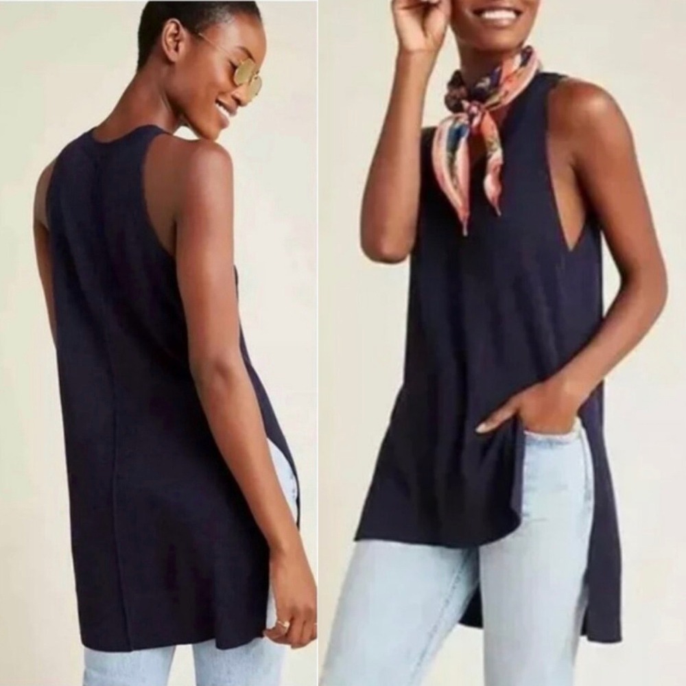 Anthropologie Desmond Sleeveless Knit Sweater Tunic V- Neck Side Slit Navy Sz M